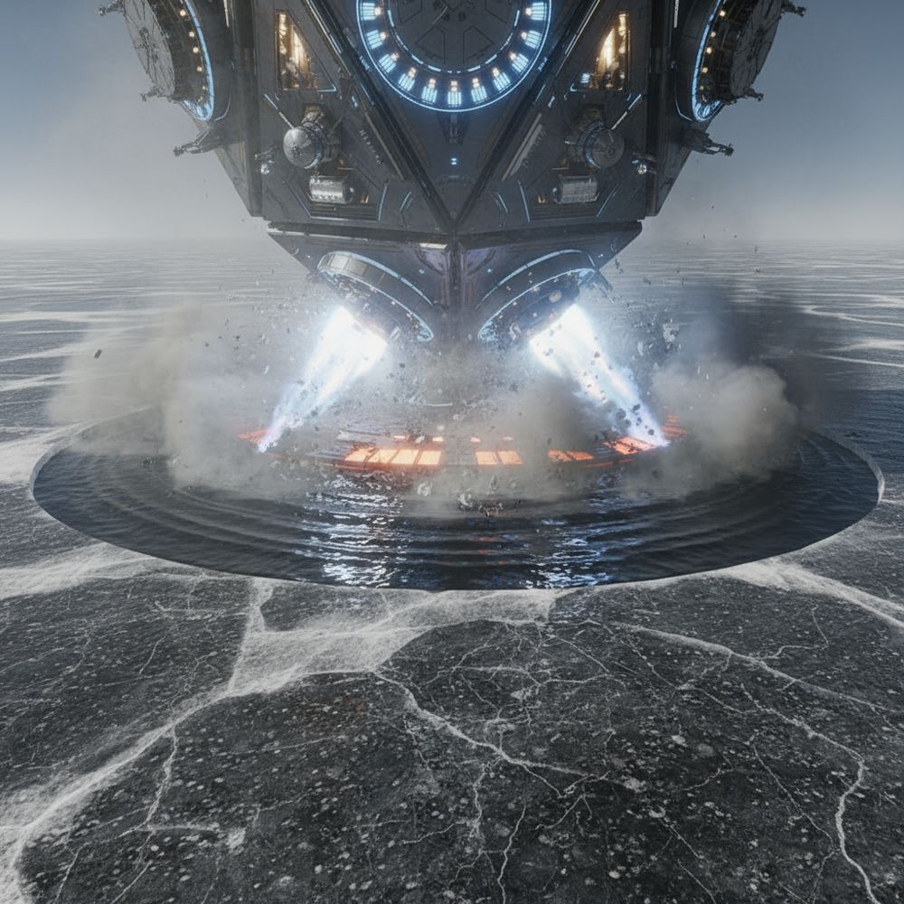 A descent vehicle firing thrusters into an ice shelf, melting a circular pool of open water beneath it.