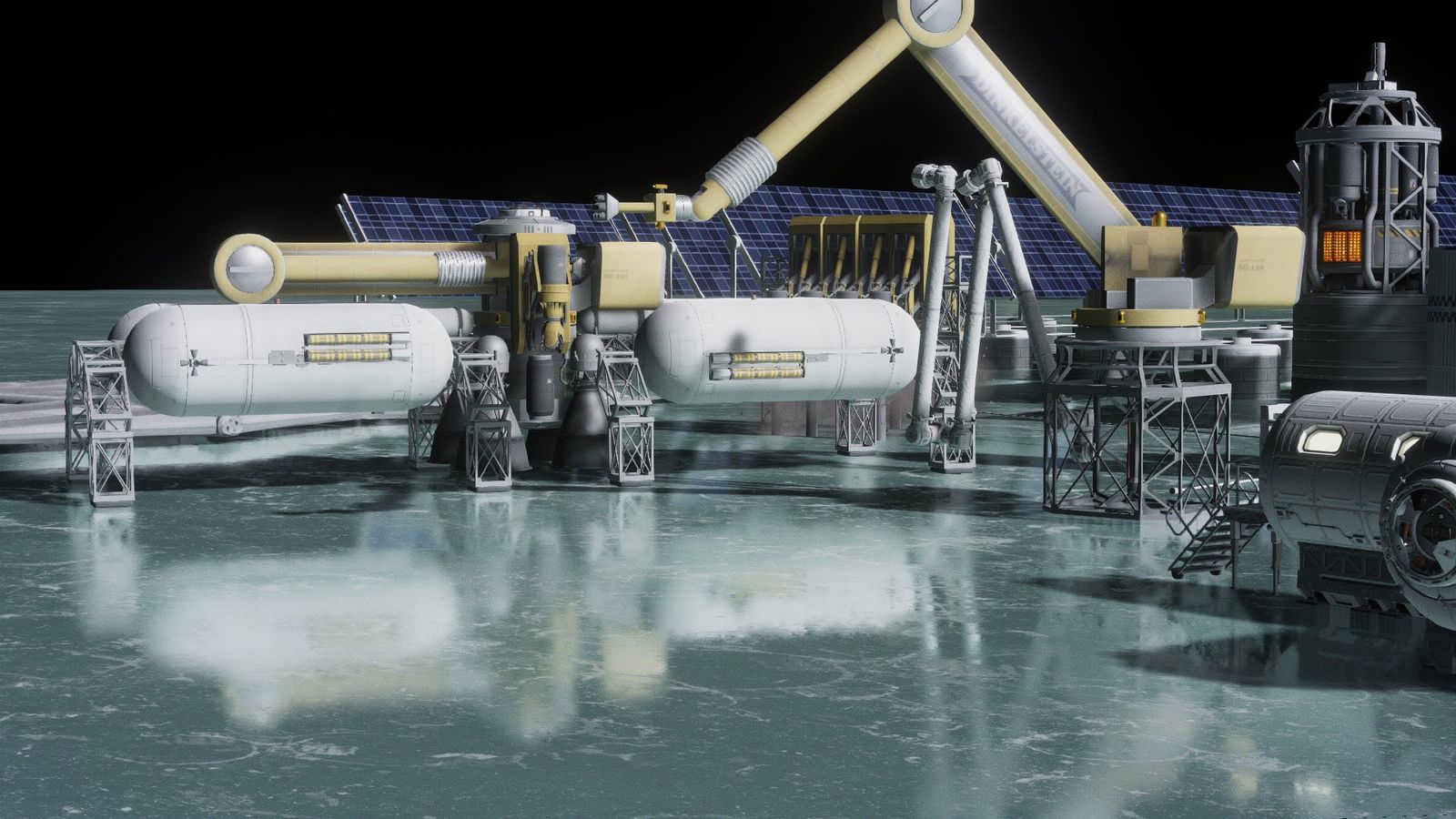 Propellant production plant standing on an ice sheet, with solar arrays and cryogenic tanks reflected in the surface.