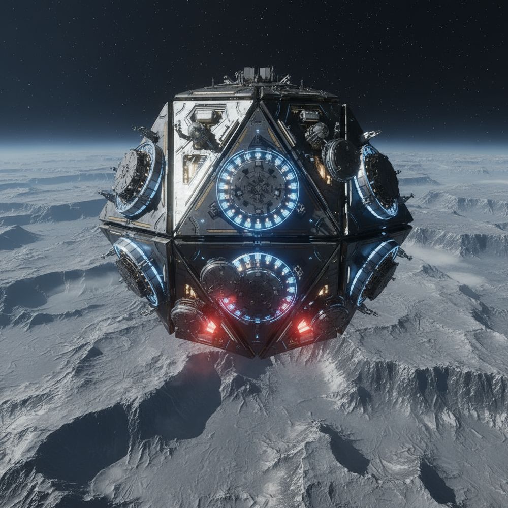 A faceted spherical habitat with glowing docking rings, in low orbit above a cratered icy moon.