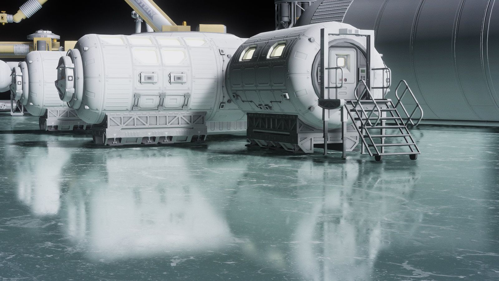 Linked pressurised habitat modules mounted on skids across a reflective ice plain under a black sky.